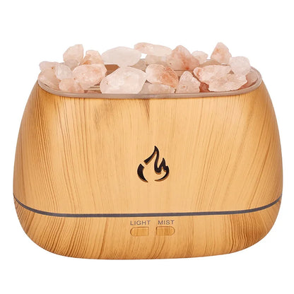 Wood Grain Himayan Crystal Salt Stone Aroma Humidifiers 3D Fme Fire Aromatherapy Essential Oil Diffuser with Night Light