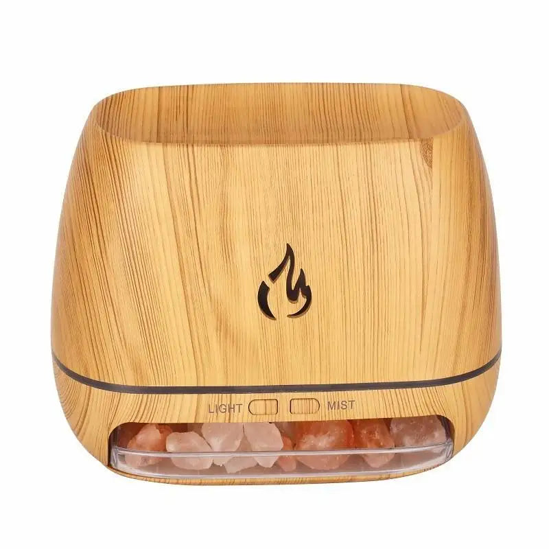 Wood Grain Himayan Crystal Salt Stone Aroma Humidifiers 3D Fme Fire Aromatherapy Essential Oil Diffuser with Night Light